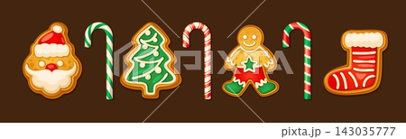 Christmas cookies. Gingerbread man, xmas candy cane sweet tree santa stocking sock icing decoration winter holiday homemade biscuit ginger cookie cook cartoon vector illustration 143035777