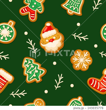 Christmas cookie pattern. Xmas sweet cookies seamless wallpaper, gingerbread man tree candy icing decoration snowflake santa sock bell winter holiday cartoon vector illustration 143035778