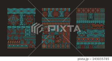Aztec tribal posters. Mexican Maya ethnic ornament, geometric line pattern peru native american inca mayan african traditional texture background abstract art vector illustration Aztec tribal posters. Mexican Maya ethnic ornament, geometric line pattern peru native american inca mayan african traditional texture background abstract art vector illustration 143035785