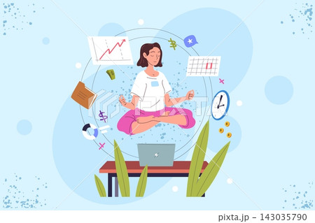 Woman work meditation. Employee office yoga, relax calm posture focus stress health zen person laptop desk break workplace business corporate wellbeing flat vector illustration Woman work meditation. Employee office yoga, relax calm posture focus stress health zen person laptop desk break workplace business corporate wellbeing flat vector illustration 143035790