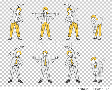 A set of illustrations of male and female office workers doing radio calisthenics. A set of illustrations of male and female office workers doing radio calisthenics. 143035952