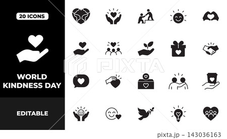 World Kindness Day Solid Icon Set with Hearts, Helping Hands, Love, Care and Friendship Symbols World Kindness Day Solid Icon Set with Hearts, Helping Hands, Love, Care and Friendship Symbols 143036163