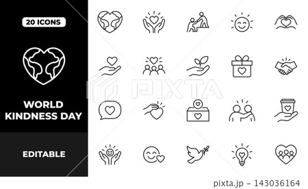 World Kindness Day Outline Icon Set with Hearts, Helping Hands, Love and Kindness Symbols 143036164
