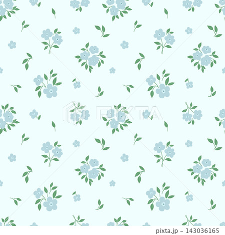 Seamless floral blue pattern with cute tiny flowers bouquet. Vector ditsy print for wallpaper, and fabric design, minimal little blossom 143036165