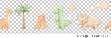 Seamless border with cute baby dinosaur, palm and volcano. Watercolour repeating nursery banner for kids. Colorful isolated illustrations Seamless border with cute baby dinosaur, palm and volcano. Watercolour repeating nursery banner for kids. Colorful isolated illustrations 143036173