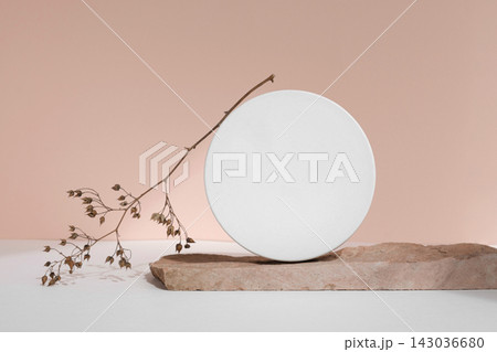 Podium for cosmetic product presentation. Minimal geometrical form and natural Stone. Cylinder sphere, geometric circle scene, soft shadow. Front view 143036680