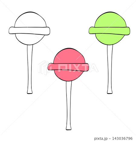lollipop on white plastic stick. Isolated sweet candy. Isolated icon hand drawn illustration. Vector graphic line ink art. Perfect for kids designs, prints, cards and education themes. 143036796