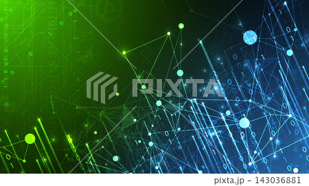 Abstract futuristic technology background with digital network nodes and binary data stream Abstract futuristic technology background with digital network nodes and binary data stream 143036881
