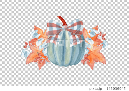 Autumn composition with blue pumpkin, plaid bow, maple leaves, eucalyptus and berries watercolor isolated illustration. Hand drawn cozy seasonal clipart for Thanksgiving and fall home decor. Autumn composition with blue pumpkin, plaid bow, maple leaves, eucalyptus and berries watercolor isolated illustration. Hand drawn cozy seasonal clipart for Thanksgiving and fall home decor. 143036945