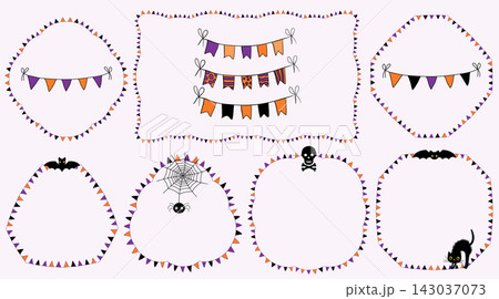 Halloween vector buntings and frames with a skull, bats, a cat and a spider, Cute festive borders with flags for invitations and posters Halloween vector buntings and frames with a skull, bats, a cat and a spider, Cute festive borders with flags for invitations and posters 143037073
