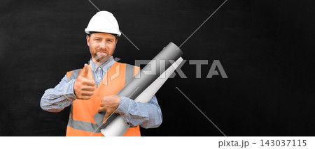 Male Engineer in a White Hard Hats, Orange West. Handsome Confident Build Worker with Blueprints Isolated on Blank Black Background. Copy Space. Industry Manufacturing Factory. Mechanic Service Work Male Engineer in a White Hard Hats, Orange West. Handsome Confident Build Worker with Blueprints Isolated on Blank Black Background. Copy Space. Industry Manufacturing Factory. Mechanic Service Work 143037115