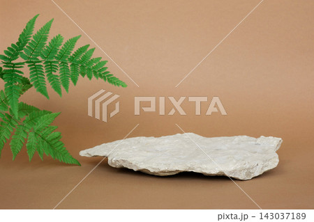 Stone Podium for promotion on beige Background. Natural pedestal. Rock. Beauty product mockup. Scene to show products. Showcase, display case. Front View, soft shadow. Green fern leaf, wooden branch 143037189