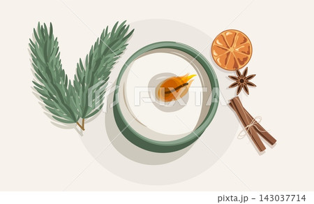 Flat lay Christmas candle with pine branch star anise cinnamon and dried orange isolated on background. Cozy eco winter vector illustration 143037714