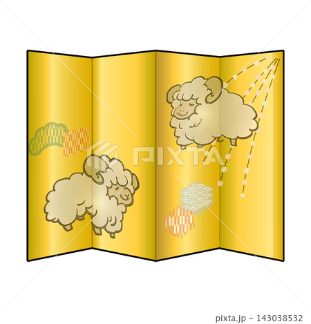 金の屏風に和柄とひつじの絵の描かれた物 金の屏風に和柄とひつじの絵の描かれた物 143038532