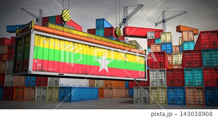 Myanmar - freight container in cargo terminal - 3D illustration Myanmar - freight container in cargo terminal - 3D illustration 143038908
