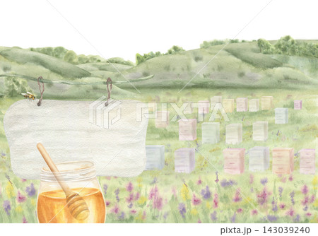 Apiary landscape, honey jar and blank wooden sign. Colorful beehives in blooming meadow watercolor illustration on isolated background. Beekeeping and honey harvest concept. 143039240