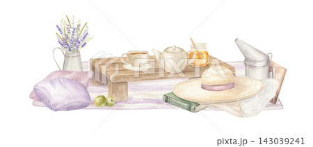 Cozy apiary still life watercolor illustration on isolated background. Tea party, honey jar, lavender jug, beekeeper hat, smoker, apples, and books. Leisure, reading, and summer brunch concept. Cozy apiary still life watercolor illustration on isolated background. Tea party, honey jar, lavender jug, beekeeper hat, smoker, apples, and books. Leisure, reading, and summer brunch concept. 143039241
