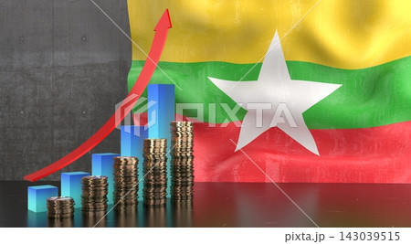Myanmar - growth chart and national flag - 3D illustration Myanmar - growth chart and national flag - 3D illustration 143039515