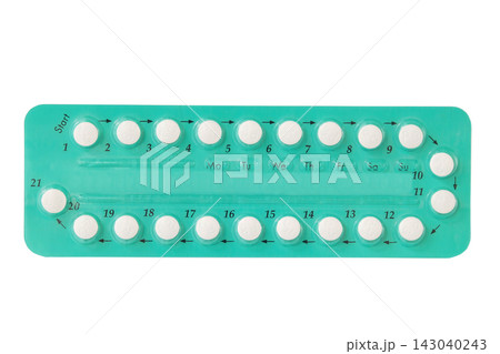 Birth control pills. Healthcare. Blister pack with pills on a white background. Product mockup. Green color. Top view. 143040243