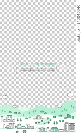 A simple illustration of a green cityscape with mountains in the background. White background, vertical 16:9 aspect ratio. A simple illustration of a green cityscape with mountains in the background. White background, vertical 16:9 aspect ratio. 143040340