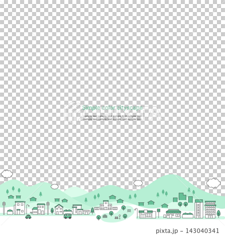 一幅簡潔的綠色城市景觀插圖,背景是山脈。 (白色背景,正方形) 一幅簡潔的綠色城市景觀插圖,背景是山脈。 (白色背景,正方形) 143040341