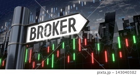 Broker - signpost and financial data - 3D illustration Broker - signpost and financial data - 3D illustration 143040382