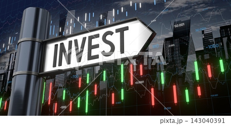 Invest - signpost and financial data - 3D illustration 143040391