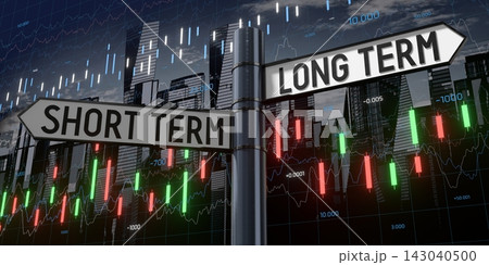 Short term or long term - signpost with two arrows and financial data - 3D illustration Short term or long term - signpost with two arrows and financial data - 3D illustration 143040500