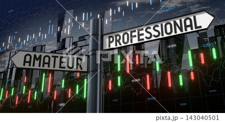 Amateur or professional - signpost with two arrows and financial data - 3D illustration Amateur or professional - signpost with two arrows and financial data - 3D illustration 143040501