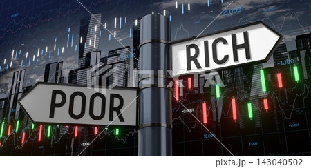 Rich or poor - signpost with two arrows and financial data - 3D illustration Rich or poor - signpost with two arrows and financial data - 3D illustration 143040502