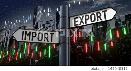 Import and export - signpost with two arrows and financial data - 3D illustration Import and export - signpost with two arrows and financial data - 3D illustration 143040511