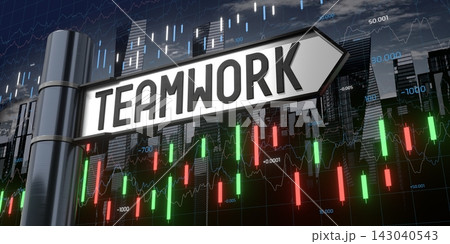 Teamwork - signpost and financial data - 3D illustration Teamwork - signpost and financial data - 3D illustration 143040543