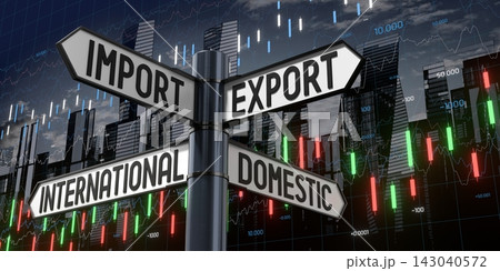 Import, Export, International, Domestic - Signpost with Four Arrows - 3D illustration Import, Export, International, Domestic - Signpost with Four Arrows - 3D illustration 143040572