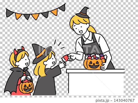 ハロウィンに子どもにお菓子を渡すスタッフ ハロウィンに子どもにお菓子を渡すスタッフ 143040767