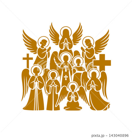 Golden holy angels with wings praying religious 143040896