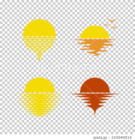 The image displays four minimalist vector icons depicting sunsets or sunrises over water The image displays four minimalist vector icons depicting sunsets or sunrises over water 143040914