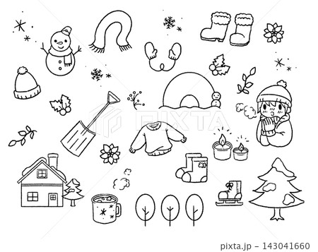 冬のイラストセット、線画 冬のイラストセット、線画 143041660