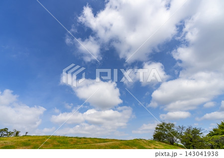夏の青空と雲と草原 夏の青空と雲と草原 143041938
