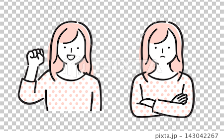 一組女性插畫，她們有著快樂和擔憂的表情和姿勢（純色）。 143042267