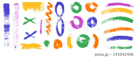 Paint brush set with colorful arcs and rough abstract marks. Textured paint strokes form circles and wavy orange lines on white. Playful vector brush elements for poster layout or social media post 143042406