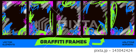 Bold spraypaint frames with graffiti grunge scribbles for street poster. Urban wall paint borders in a green, blue and pink on halftone background. Vector frame templates with neon spraypaint texture Bold spraypaint frames with graffiti grunge scribbles for street poster. Urban wall paint borders in a green, blue and pink on halftone background. Vector frame templates with neon spraypaint texture 143042424