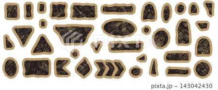 Rectangle geometric set with cardboard shapes and beige cut edges. Square pieces include triangles and arrows with grain. Geometric vector for scrapbook layout or stationery design or sale tag Rectangle geometric set with cardboard shapes and beige cut edges. Square pieces include triangles and arrows with grain. Geometric vector for scrapbook layout or stationery design or sale tag 143042430
