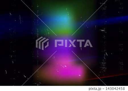 Leak light overlay with iridescent spectrum over black ground. Grainy speckle texture and fine scratches surround a soft radiance. Vector exposure haze for poster design or social media post 143042458