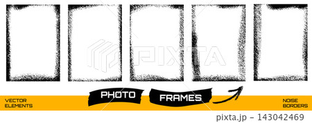 Photo frame set with five vertical rectangles and grain edges. Black photo borders fade with stippled texture. Vector cadre frame set for social media post or poster design or punk flyer promo 143042469