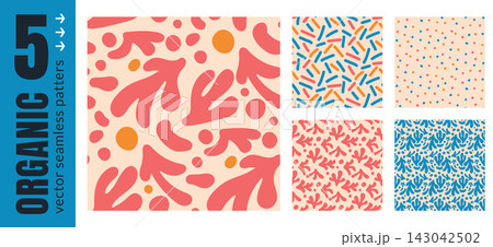 Fun organic coral seamless pattern collection of freeform shapes and doodles. Multi color sprinkles with polka confetti in pink and blue. Vector set of organic kid prints with coral motif for textile Fun organic coral seamless pattern collection of freeform shapes and doodles. Multi color sprinkles with polka confetti in pink and blue. Vector set of organic kid prints with coral motif for textile 143042502