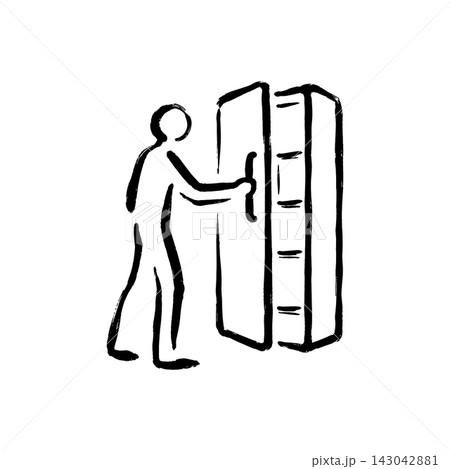 Hand Drawn Icon of Man Opening Kitchen Cabinet 143042881
