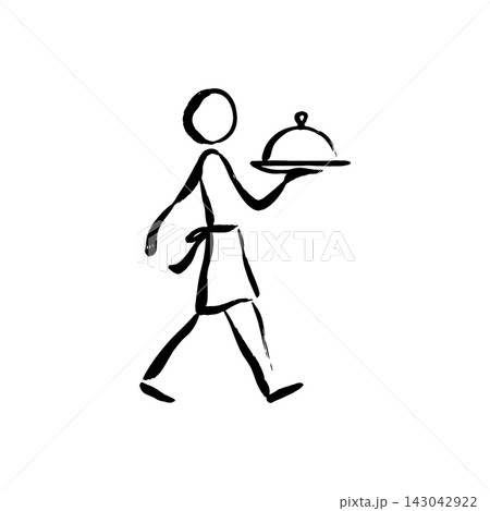 Hand Drawn Icon of Waiter Serving Covered Dish Hand Drawn Icon of Waiter Serving Covered Dish 143042922