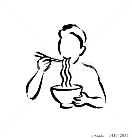 Hand Drawn Icon of Person Eating Noodles from Bowl 143042925