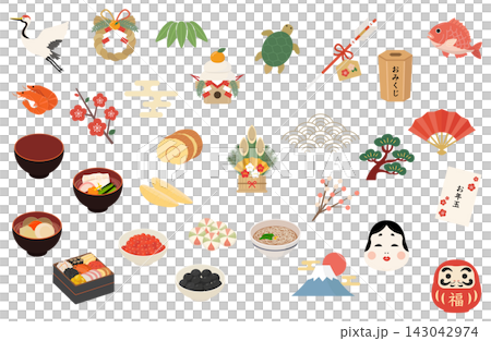 年末年始・大晦日の和風小物イラストセット 年越し・お正月のフラット素材 143042974