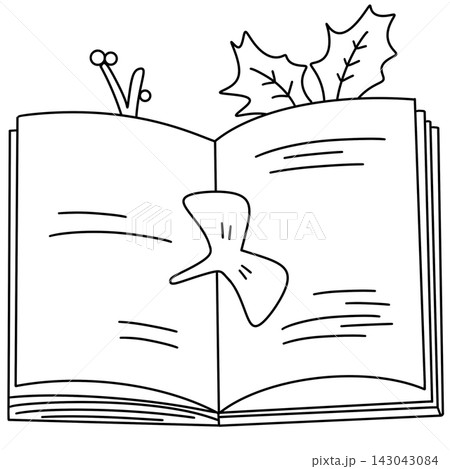 Open book displays whimsical butterfly resting inside Open book displays whimsical butterfly resting inside 143043084